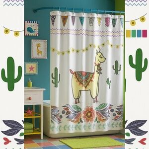 Brand New! Llama Boho White Fabric Shower Curtain. 71x74in. Extra Long.